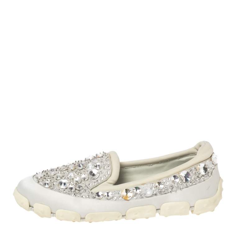 Pre Owned Miu Miu Grey Satin And Fabric Crystal Embellished Slip On Sneakers Size 38.5