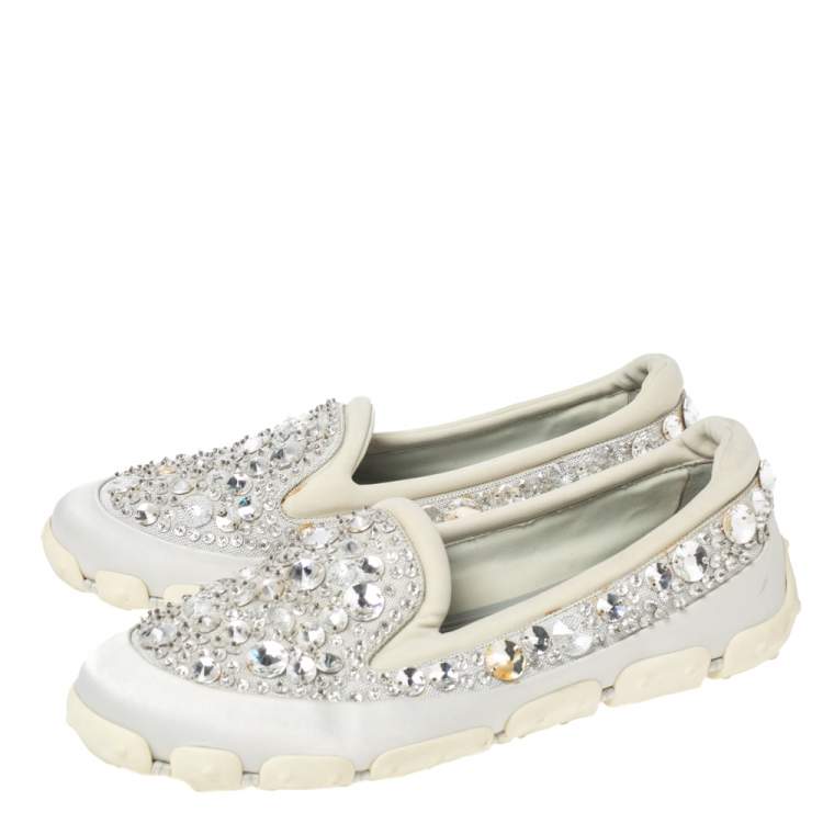 Pre Owned Miu Miu Grey Satin And Fabric Crystal Embellished Slip On Sneakers Size 38.5