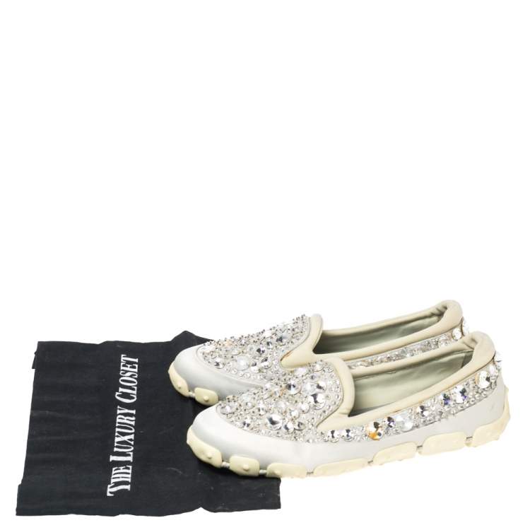 Pre Owned Miu Miu Grey Satin And Fabric Crystal Embellished Slip On Sneakers Size 38.5