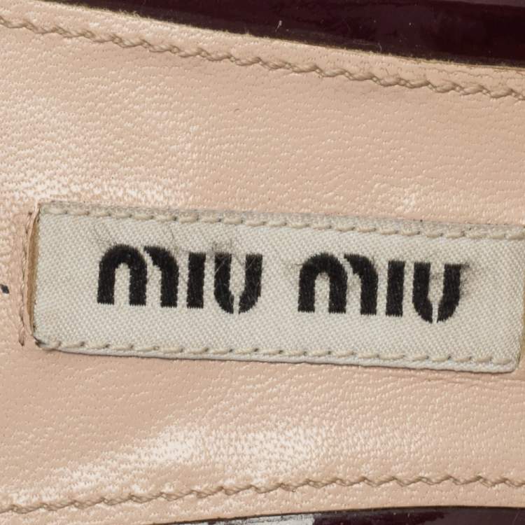 Pre Owned Miu Miu Burgundy Patent Leather Bow Crystal Embellished Heel Slide Sandals Size 39