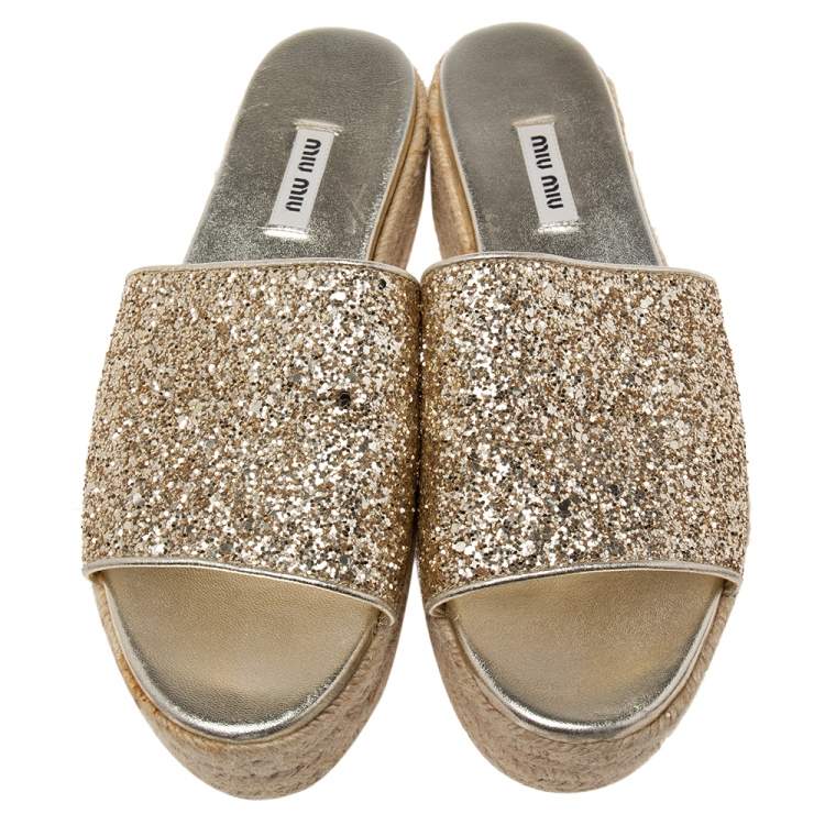 Pre Owned Miu Miu Gold Coarse Glitter Espadrille Platform Slide Sandals Size 39