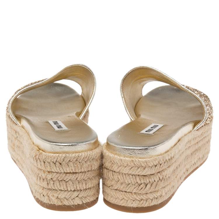 Pre Owned Miu Miu Gold Coarse Glitter Espadrille Platform Slide Sandals Size 39