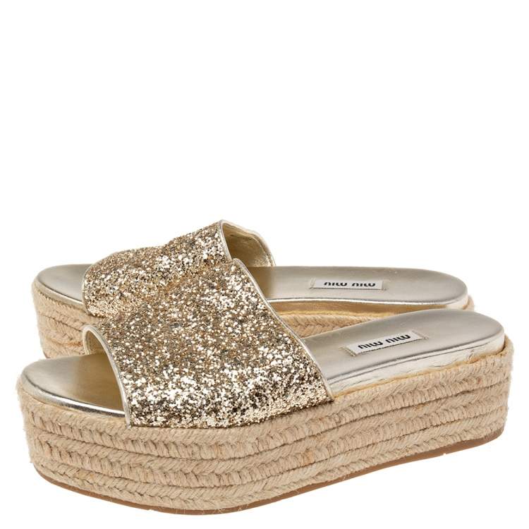 Pre Owned Miu Miu Gold Coarse Glitter Espadrille Platform Slide Sandals Size 39