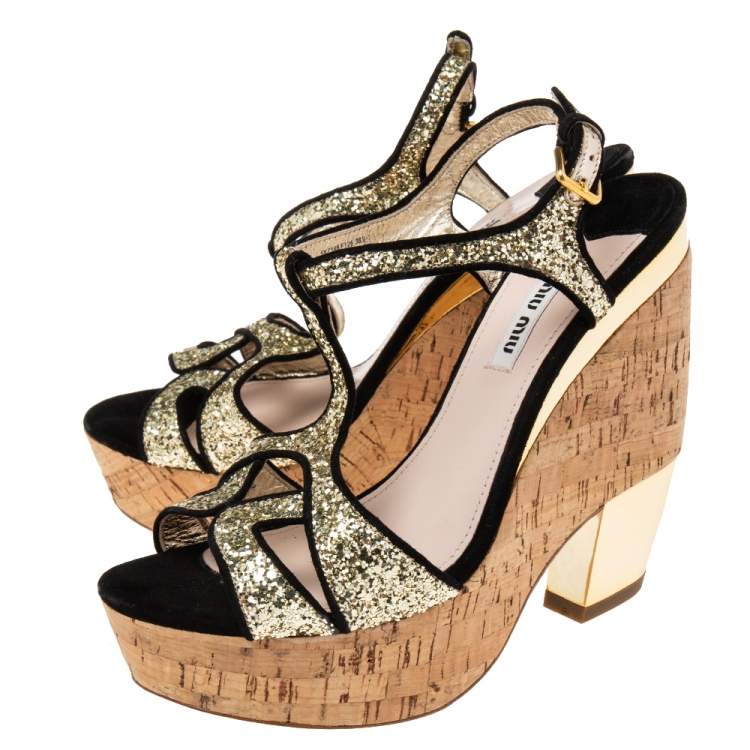 Pre Owned Miu Miu Gold/Black Glitter and Suede Trim Cork Wedge Sandals Size 38.5