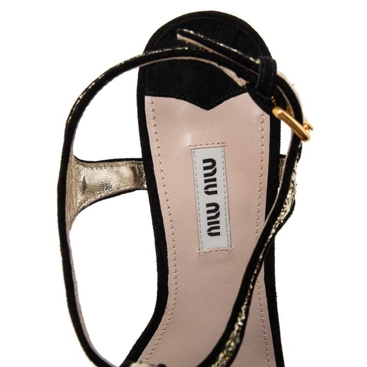Pre Owned Miu Miu Gold/Black Glitter and Suede Trim Cork Wedge Sandals Size 38.5