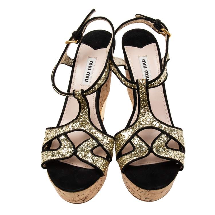 Pre Owned Miu Miu Gold/Black Glitter and Suede Trim Cork Wedge Sandals Size 38.5