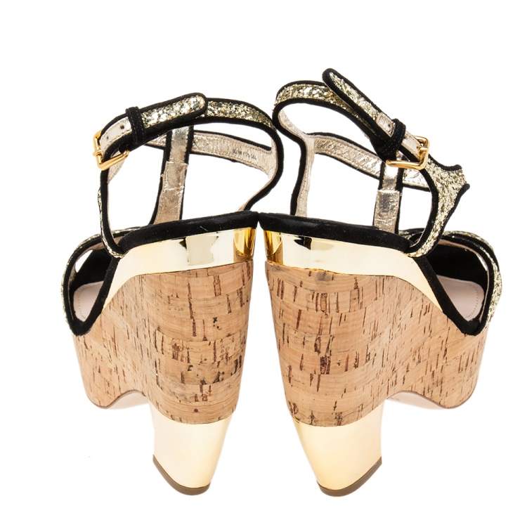 Pre Owned Miu Miu Gold/Black Glitter and Suede Trim Cork Wedge Sandals Size 38.5