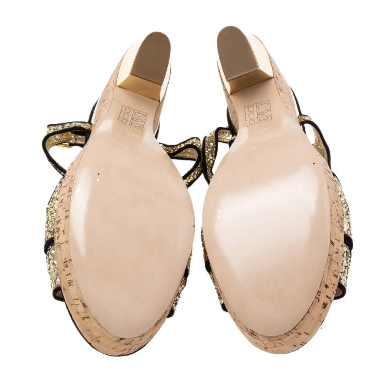 Pre Owned Miu Miu Gold/Black Glitter and Suede Trim Cork Wedge Sandals Size 38.5