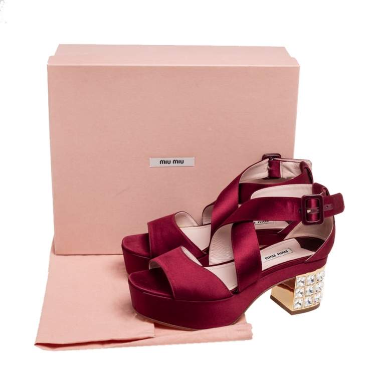 Pre Owned Miu Miu Burgundy Satin Crystal Embellished Block Heel Ankle Strap Sandals Size 37.5