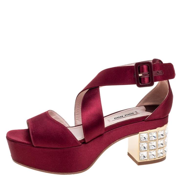 Pre Owned Miu Miu Burgundy Satin Crystal Embellished Block Heel Ankle Strap Sandals Size 37.5