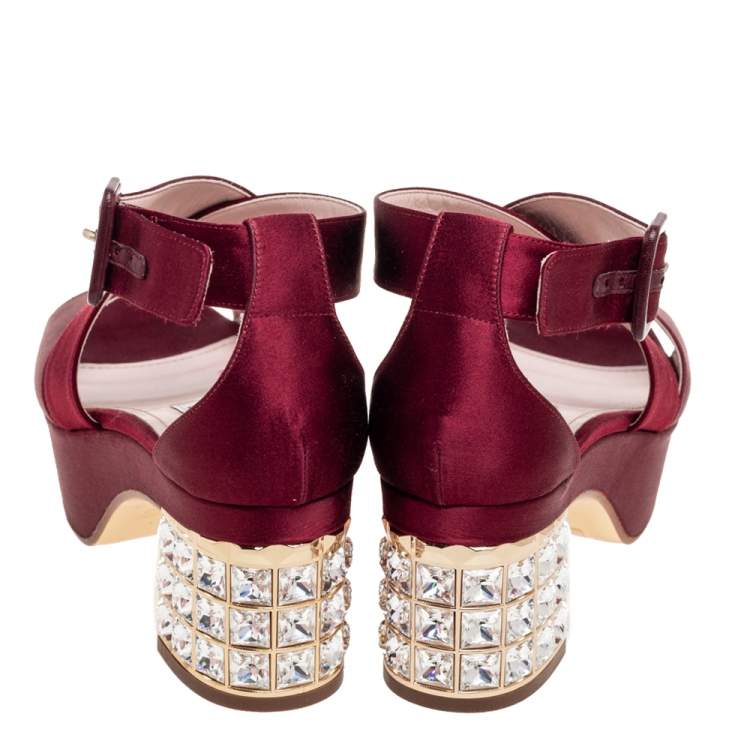 Pre Owned Miu Miu Burgundy Satin Crystal Embellished Block Heel Ankle Strap Sandals Size 37.5