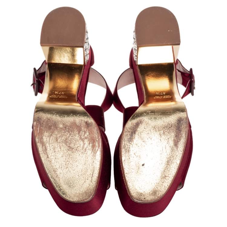 Pre Owned Miu Miu Burgundy Satin Crystal Embellished Block Heel Ankle Strap Sandals Size 37.5