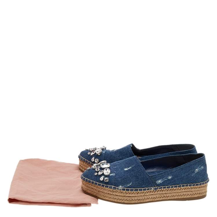 Pre Owned Miu Miu Blue Denim Crystal Embellished Platform Espadrille Flats Size 36.5