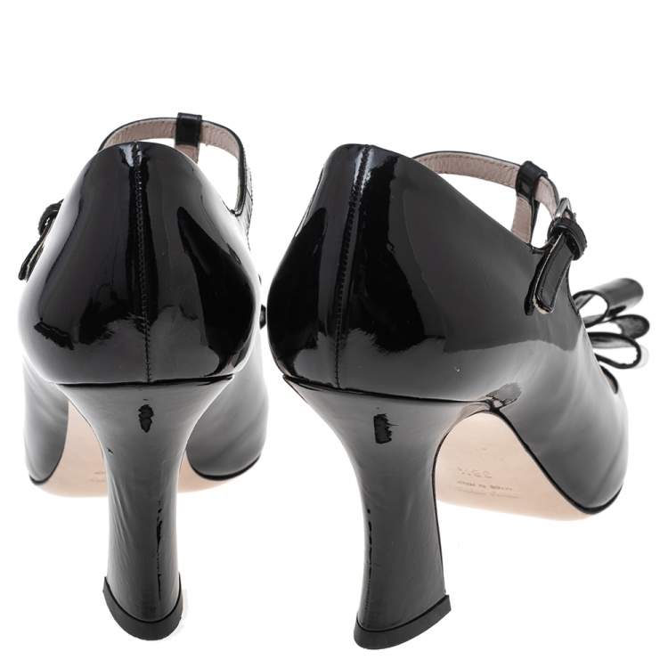 Pre Owned Miu Miu Black Patent Bow T-Strap Pumps Size 38.5