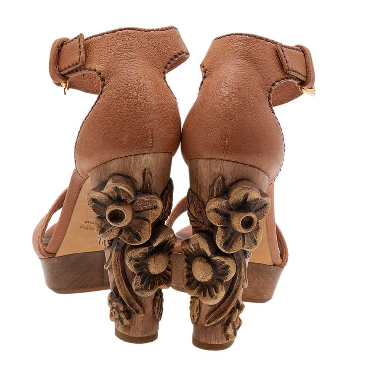 Pre Owned Miu Miu Brown Leather Floral Carved Wooden Heel Ankle Strap Sandals Size 39