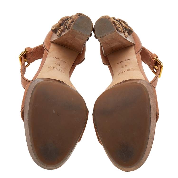 Pre Owned Miu Miu Brown Leather Floral Carved Wooden Heel Ankle Strap Sandals Size 39