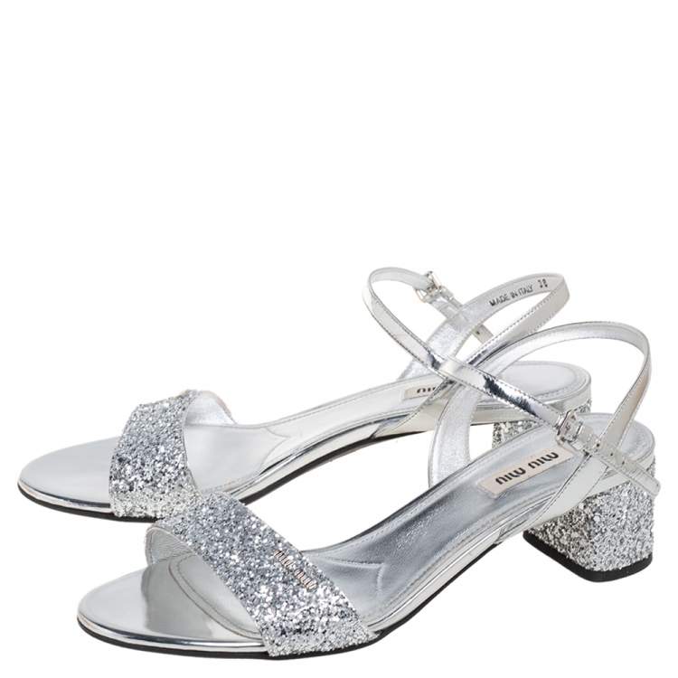 Pre Owned Miu Miu Silver Glitter and Patent Leather Ankle-Strap Sandals Size 38