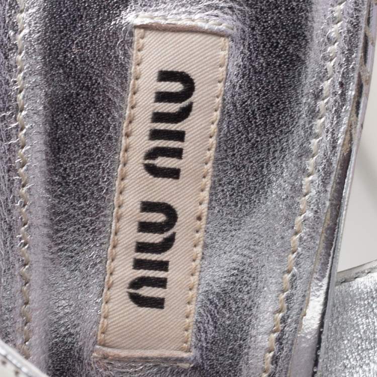 Pre Owned Miu Miu Silver Glitter and Patent Leather Ankle-Strap Sandals Size 38