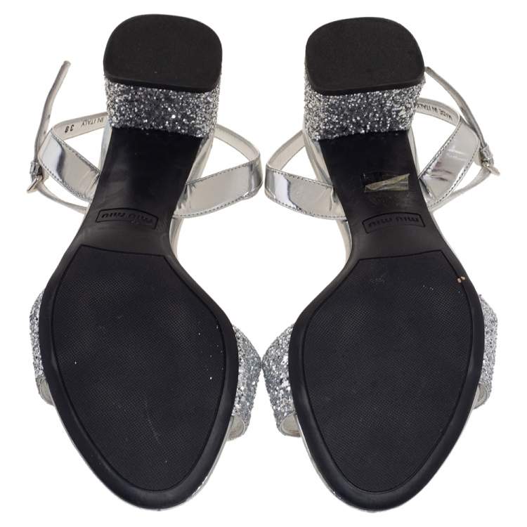 Pre Owned Miu Miu Silver Glitter and Patent Leather Ankle-Strap Sandals Size 38