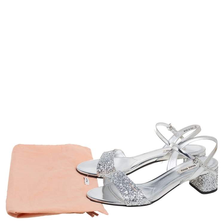 Pre Owned Miu Miu Silver Glitter and Patent Leather Ankle-Strap Sandals Size 38