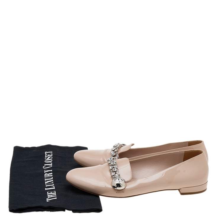Pre Owned Miu Miu Beige Patent Leather Crystal Embellished Smoking Slippers Size 40