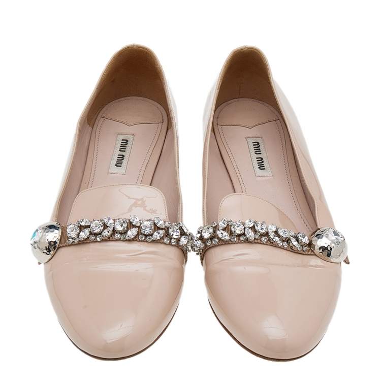Pre Owned Miu Miu Beige Patent Leather Crystal Embellished Smoking Slippers Size 40