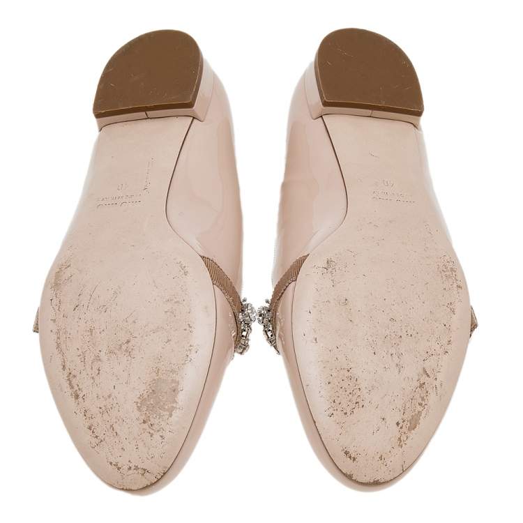 Pre Owned Miu Miu Beige Patent Leather Crystal Embellished Smoking Slippers Size 40