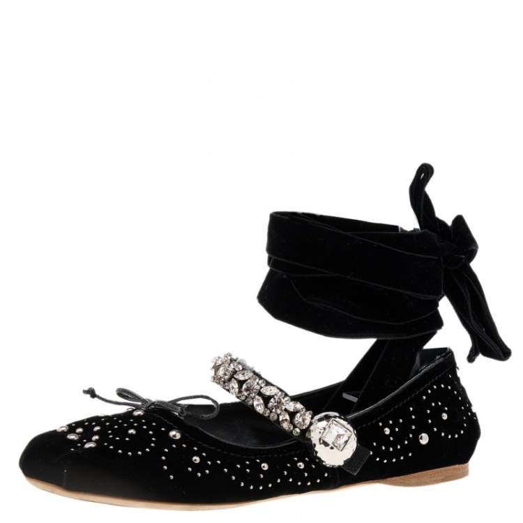Pre Owned Miu Miu Black Velvet Embellished Bow Ankle Wrap Ballet Flats Size 38