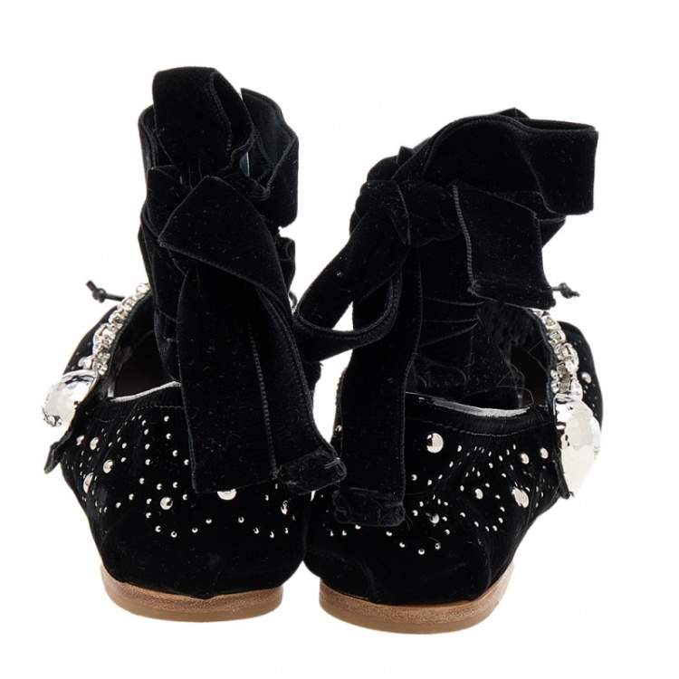Pre Owned Miu Miu Black Velvet Embellished Bow Ankle Wrap Ballet Flats Size 38
