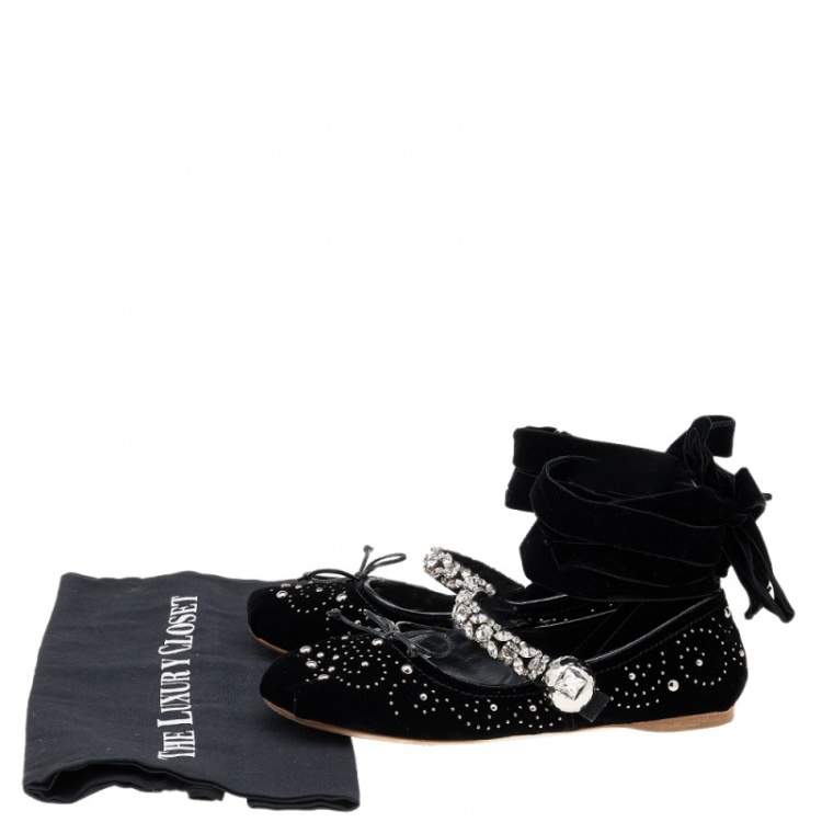 Pre Owned Miu Miu Black Velvet Embellished Bow Ankle Wrap Ballet Flats Size 38