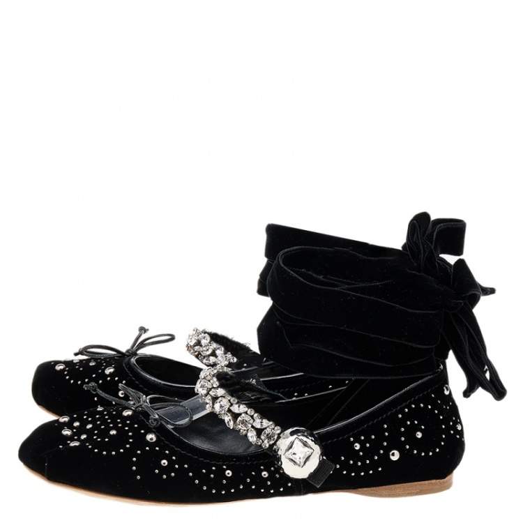 Pre Owned Miu Miu Black Velvet Embellished Bow Ankle Wrap Ballet Flats Size 38