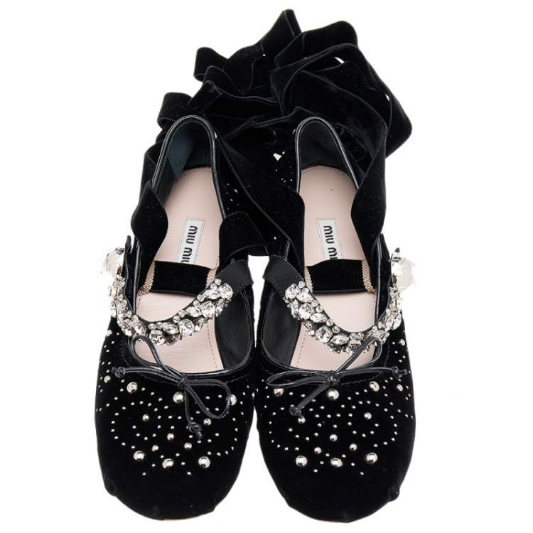 Pre Owned Miu Miu Black Velvet Embellished Bow Ankle Wrap Ballet Flats Size 38