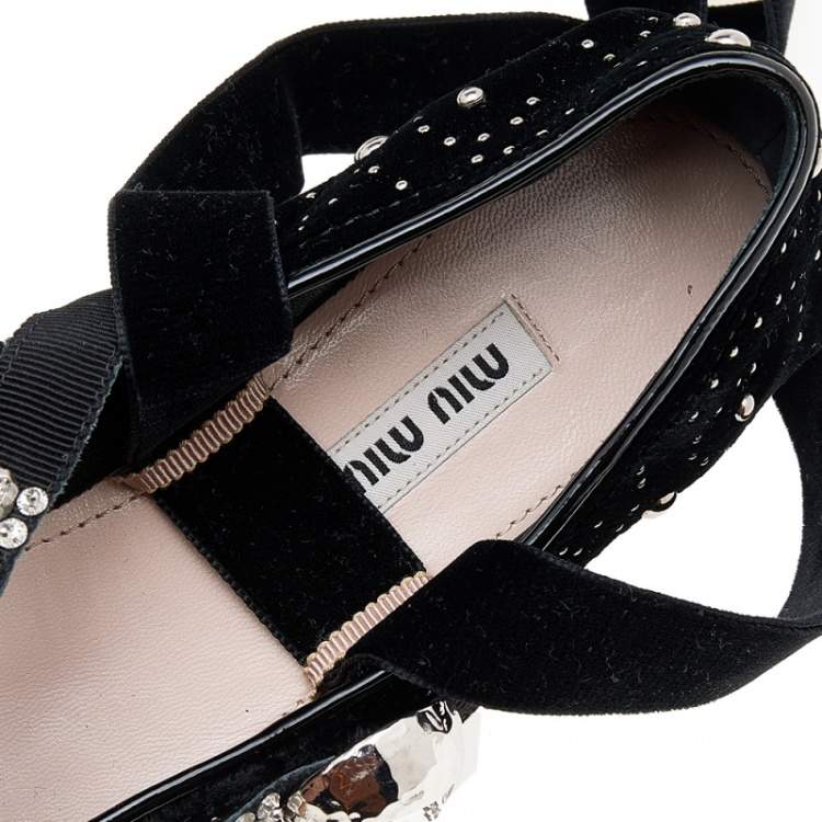 Pre Owned Miu Miu Black Velvet Embellished Bow Ankle Wrap Ballet Flats Size 38
