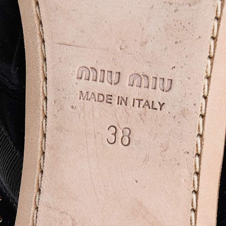 Pre Owned Miu Miu Black Velvet Embellished Bow Ankle Wrap Ballet Flats Size 38