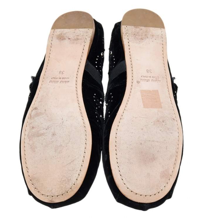 Pre Owned Miu Miu Black Velvet Embellished Bow Ankle Wrap Ballet Flats Size 38