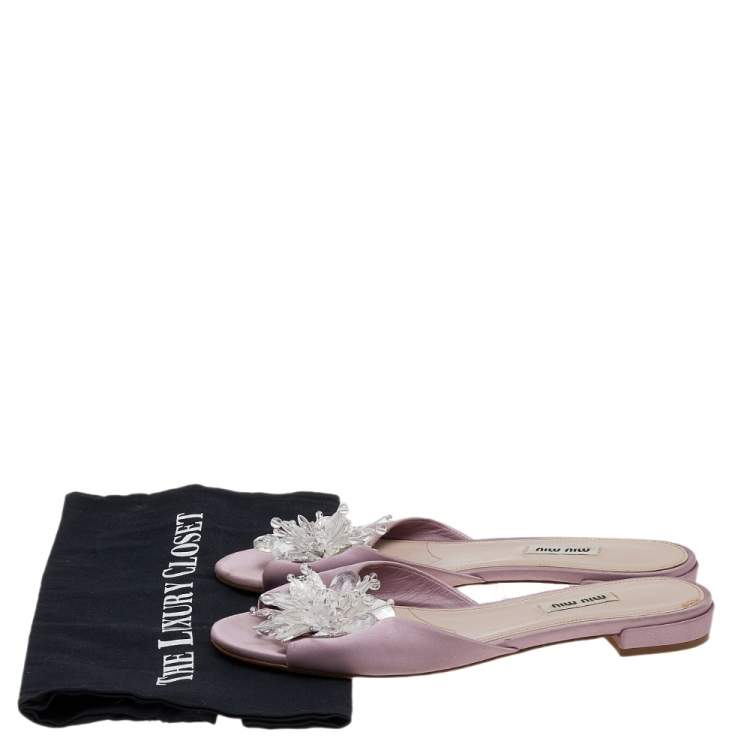 Pre Owned Miu Miu Pink Satin Crystal Embellished Slide Sandals Size 40
