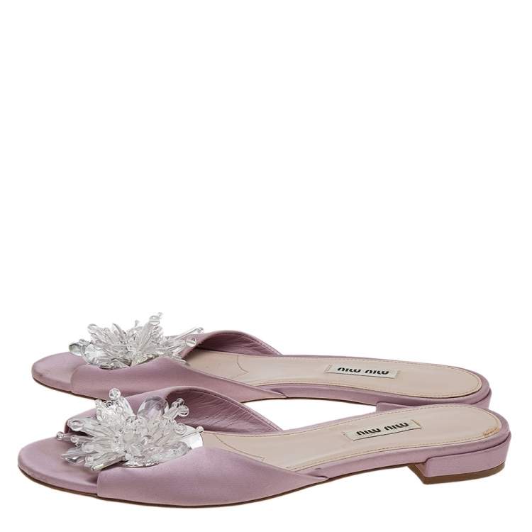 Pre Owned Miu Miu Pink Satin Crystal Embellished Slide Sandals Size 40