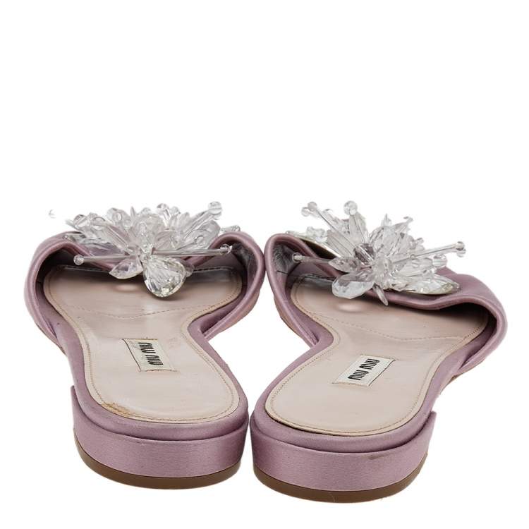 Pre Owned Miu Miu Pink Satin Crystal Embellished Slide Sandals Size 40