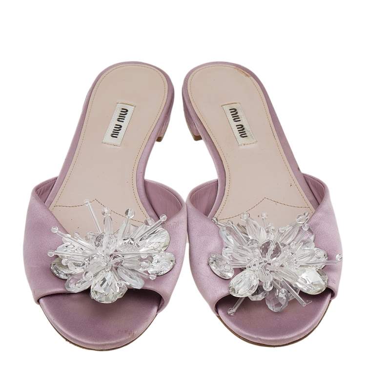Pre Owned Miu Miu Pink Satin Crystal Embellished Slide Sandals Size 40