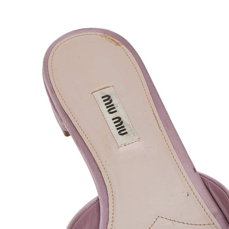 Pre Owned Miu Miu Pink Satin Crystal Embellished Slide Sandals Size 40