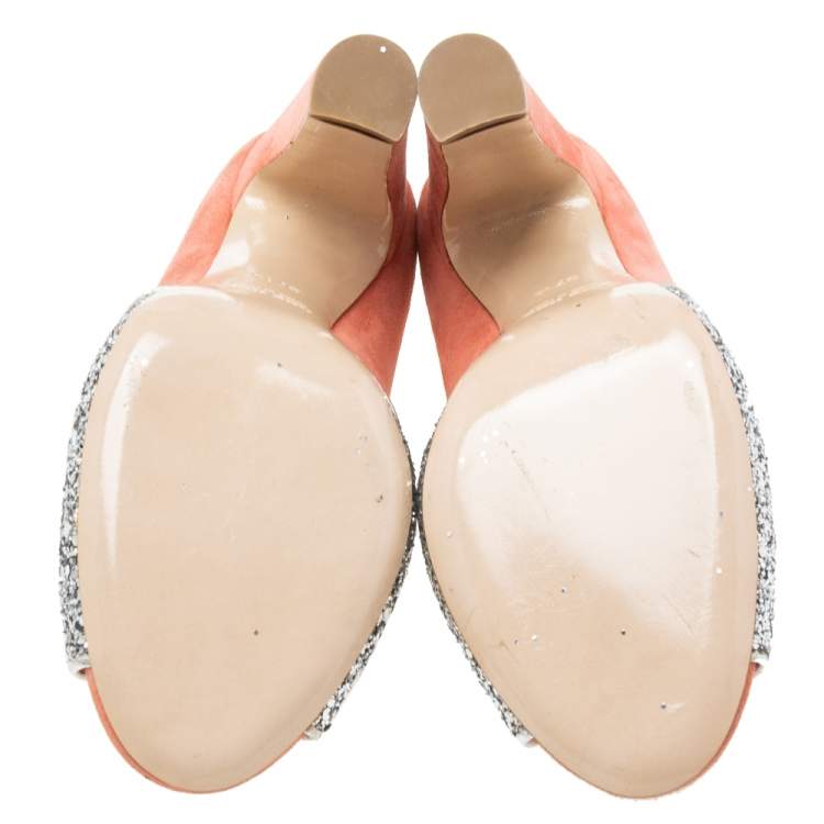 Pre Owned Miu Miu Silver/Coral Pink Coarse Glitter and Suede Peep-Toe Pumps Size 37.5