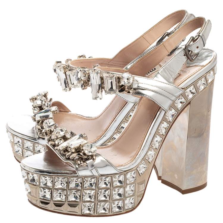 Pre Owned Miu Miu Silver Leather Crystal Embellished Block Heel Platform Sandals Size 38