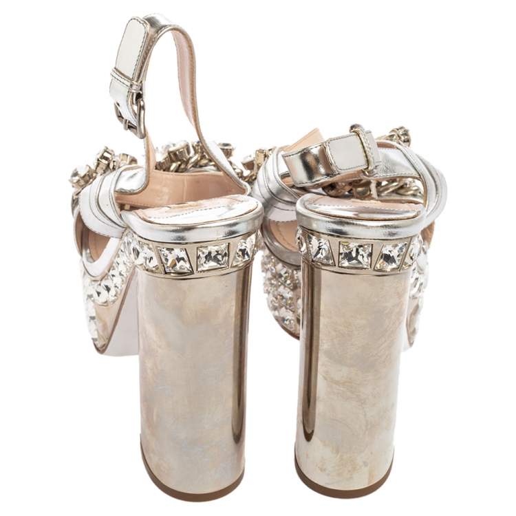 Pre Owned Miu Miu Silver Leather Crystal Embellished Block Heel Platform Sandals Size 38