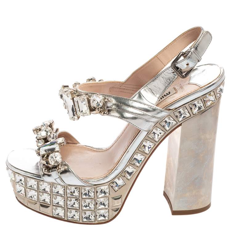 Pre Owned Miu Miu Silver Leather Crystal Embellished Block Heel Platform Sandals Size 38