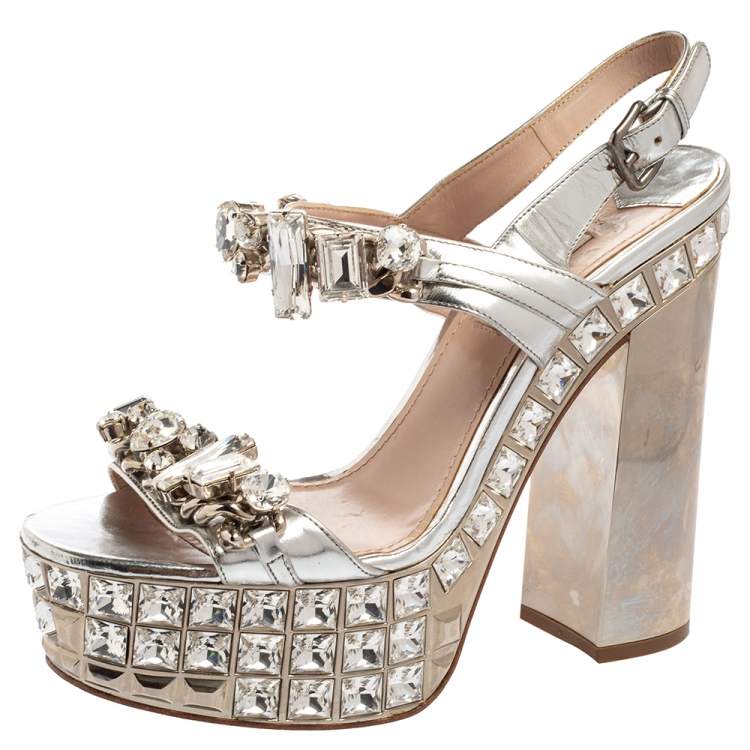 Pre Owned Miu Miu Silver Leather Crystal Embellished Block Heel Platform Sandals Size 38