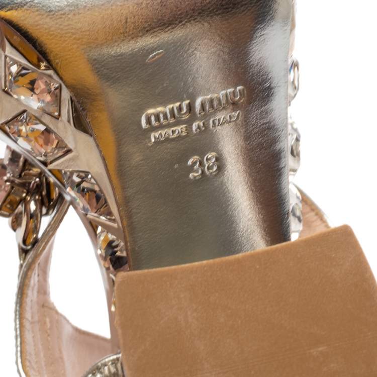 Pre Owned Miu Miu Silver Leather Crystal Embellished Block Heel Platform Sandals Size 38