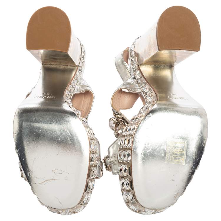 Pre Owned Miu Miu Silver Leather Crystal Embellished Block Heel Platform Sandals Size 38