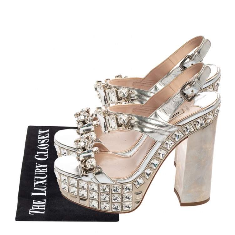 Pre Owned Miu Miu Silver Leather Crystal Embellished Block Heel Platform Sandals Size 38