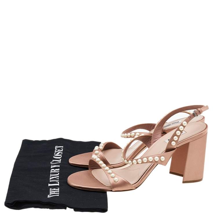 Pre Owned Miu Miu Beige Satin Pearl Embellished Ankle Strap Sandals Size 42