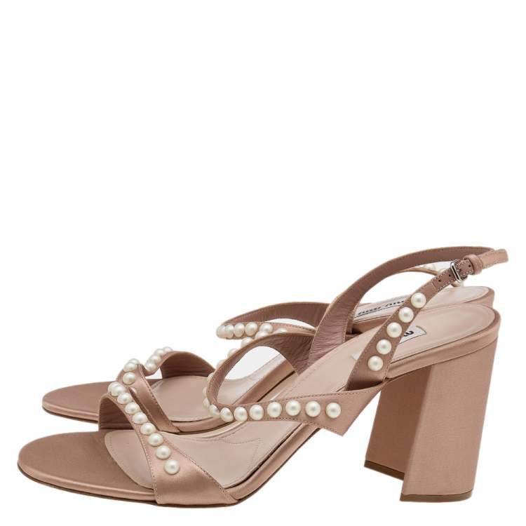 Pre Owned Miu Miu Beige Satin Pearl Embellished Ankle Strap Sandals Size 42